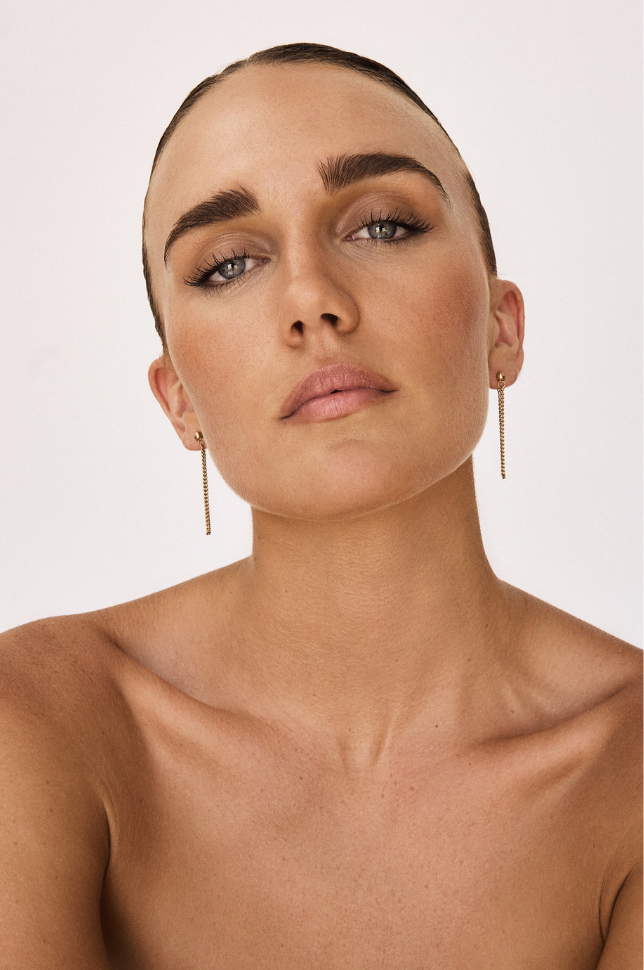 Model wearing Martini Street Drop Chain Earrings Long Dangle Chain Australian online company who sells Waterproof High Quality Jewellery which is Sweatproof