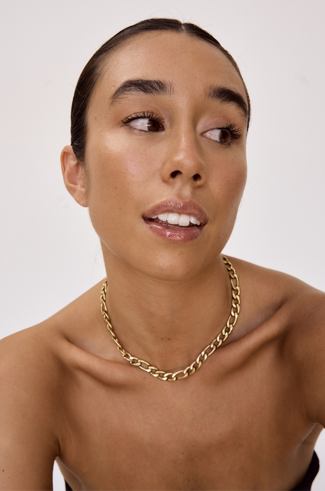 Model wearing Martini Street waterproof necklace jewellery 